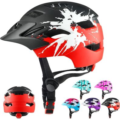 Kinder-Fahrradhelm mit Licht, Verstellbar, 48-56CM, Schwarz+Rot