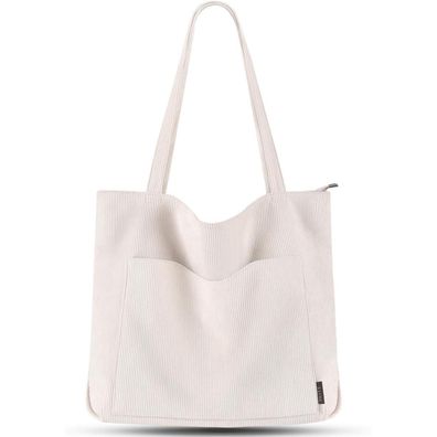 Große Handtasche Damen Cord Tote Bag Umhängetasche Beige