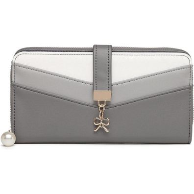 Damen Geldbörse Portemonnaie V-Form Colorblock PU Leder Grau