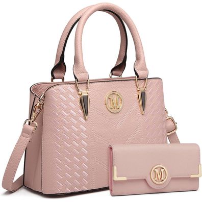 Miss Lulu Damen Handtasche Set Rosa Geldbörse Shopper PU-Leder