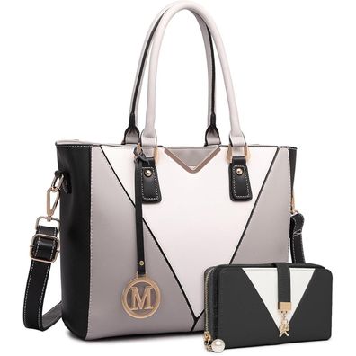 Miss Lulu Damen Handtasche Schultertasche Shopper V-Design Ledertasche Grau