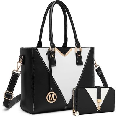 Miss Lulu Handtasche Schultertasche Damen Shopper Schwarz 2tlg. Set