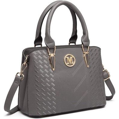 Miss Lulu Damen Handtasche Mittelgroß Grau Leder Schultertasche Magnetverschluss