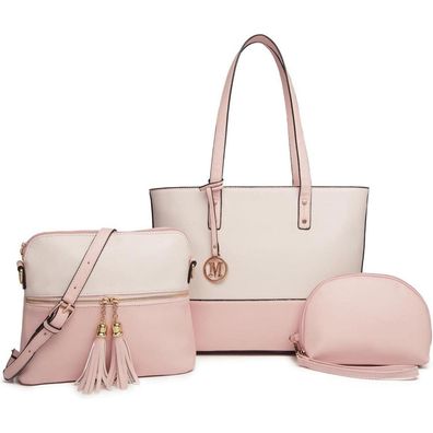 Miss Lulu Damen Schultertasche Set Schwarz Kontrast Tragetasche 3tlg