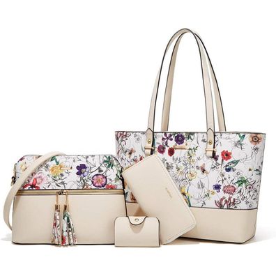 YTL Damen Handtasche Tote Schultertasche Umhängetasche 4-teiliges Set Beige