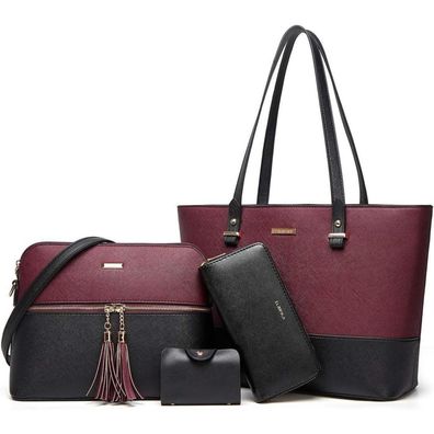 YTL Damen Handtasche Tote Shopper Schultertasche 4-teiliges Set in Schwarz-wein