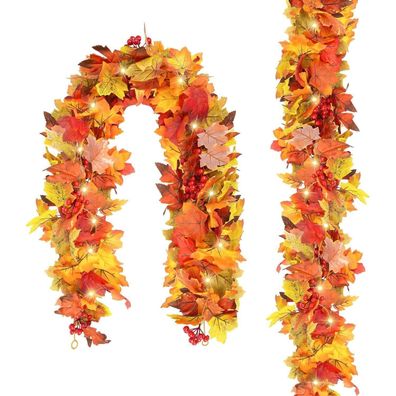2er Set Herbst Ahornblatt Kranz 175cm mit Beeren und Lichterkette