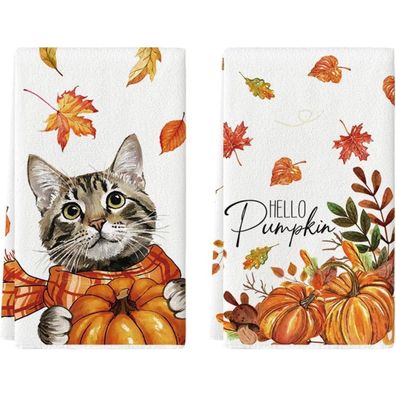 Artoid Mode Große Katze Ahornblätter Kürbisse Herbst Küchentücher 42x65cm 2er