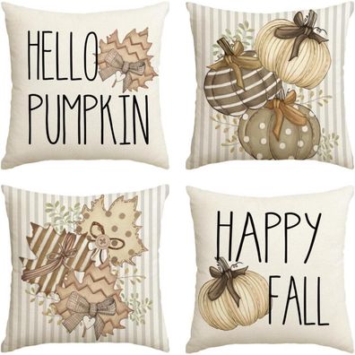 Herbst Kürbisse Streifen Ahornblätter Kissenbezüge 4er Set 45x45 cm