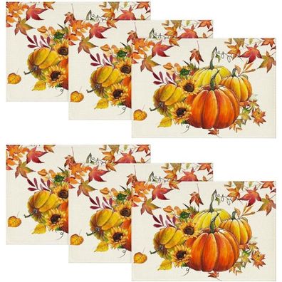 Herbst Platzsets 6er Set Kürbisse Ahornblätter Sonnenblumen 30x45cm Orange