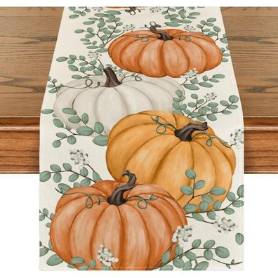 Herbst Tischläufer Orange Kürbisse Eukalyptus Deko 40x180 cm