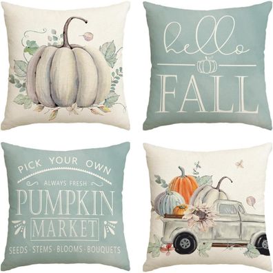 Herbst Kissenbezüge 4er Set Eukalyptus Blätter Kürbisse LKW 50x50 cm Blau