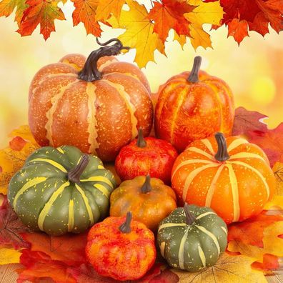 Künstliche Kürbisse Set mit Ahornblättern für Dekoration, Thanksgiving Halloween