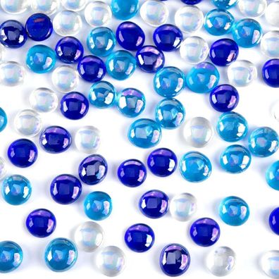 120 Irisierende Glasnuggets Blau Weiß Dekosteine Flach Glänzend
