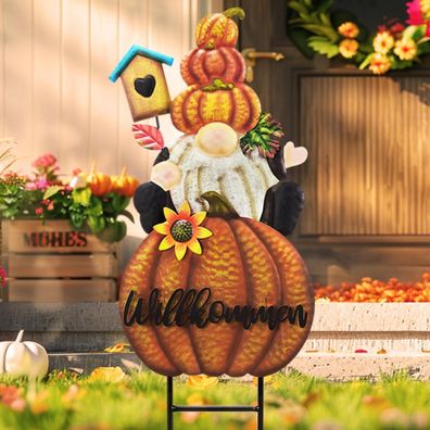 Herbstdeko Gartendeko GNOME Kürbis Metall Terrasse Rasen 58cm Orange