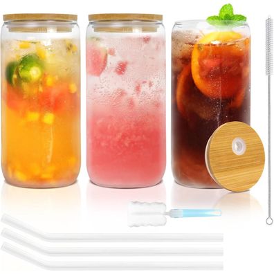 YUEYEE Trinkgläser 3er-Set 500ml Iced Coffee Glas Glasstrohhalme Bambusdeckel