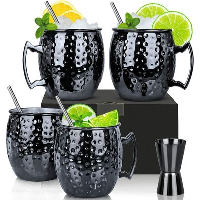 Moscow Mule Becher Set 4er Gunmetal Schwarz 550ml Trinkhalme Messbecher