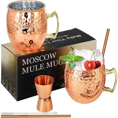 Kupferbecher Moscow Mule Set 2x 530ml Edelstahl Cocktail Tassen 7tlg