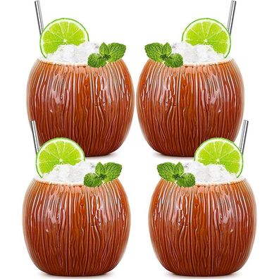 SuproBarware Tiki-Becher 530ml Keramik Kokosnuss Cocktailgläser 4er-Set