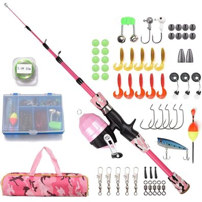 Kinder Angelset Teleskop-Angelrute 1.5m Angelrolle Köder Set Pink