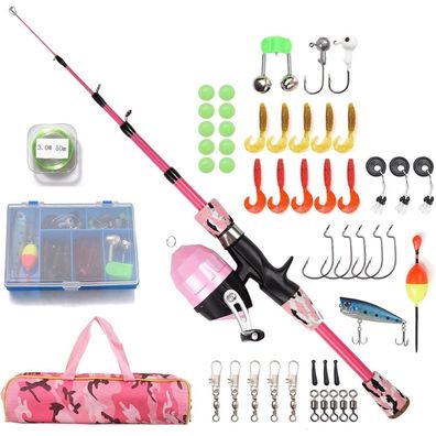 Kinder Angelset Teleskop-Rute Angelrolle Köder 1.2m Tragtasche Pink