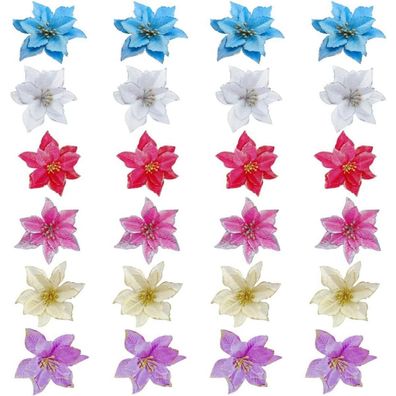 24x Weihnachtsstern Künstliche Blumen Set in Rot Gold Blau Rosa Glitzer