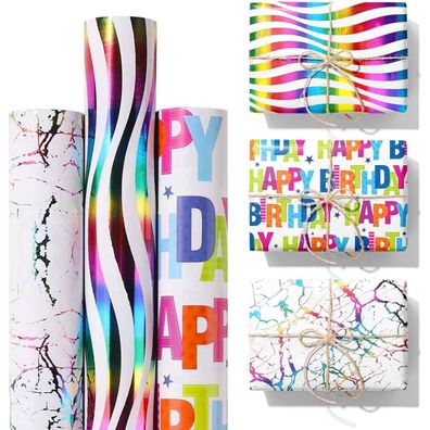 3 Rollen Geburtstag Geschenkpapier Set - Regenbogen Glitzernde Designs 43cm x 3m