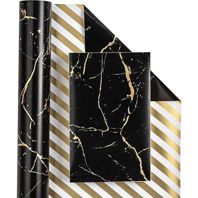 Wendbares Geschenkpapier 43,2cm x 10m Schwarz-Goldenes Marmordesign