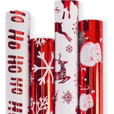 Weihnachtspapierrolle Rot-Weiß Metallic Christmas Elements - 4 Rollen 76cm x