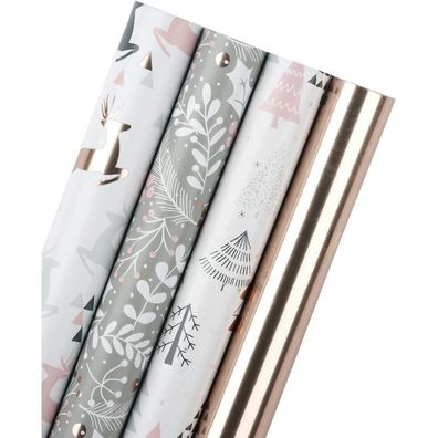 Geschenkpapierrolle Rosa Grau Hirsch Glitzer Metallfolie 76x305cm 4 Rollen