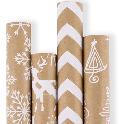Weihnachtspapierrolle Kraftpapier 3D White Christmas Print 4 Rollen 76cm x 305cm
