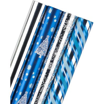 Geschenkpapierrolle Silberne Schneeflocke Blau Streifen Glitter Shine 4 Rollen