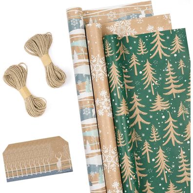 Weihnachtspapierrollen Kraftpapier 43cm x 3m 3 Rollen Blau Weiss