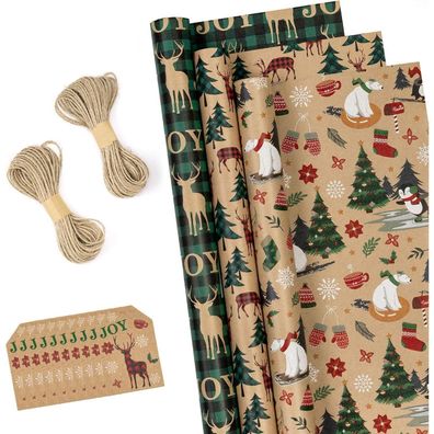 Weihnachtsgeschenkpapier Kraft Green Buffalo Plaid - 3 Rollen 43 cm x 3 Meter
