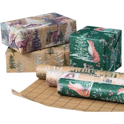 3er Set Weihnachts-Geschenkpapierrolle Kraftpapier Fuchs Rentier Baum 43,2x3m