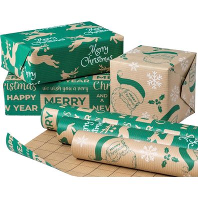 Weihnachts-Geschenkpapierrolle Kraftpapier 43,2cm x 3m 3 Rollen Santa Rentier