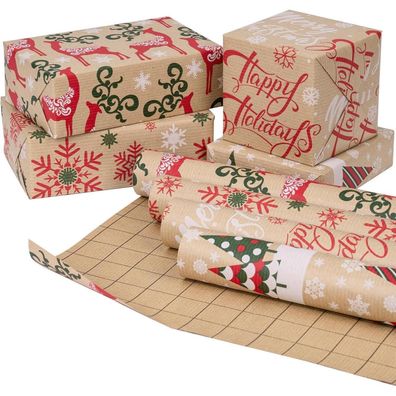 Weihnachts Geschenkpapierrolle Kraftpapier Schneeflocke Rentier Baum Text 4