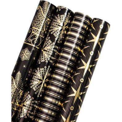 Weihnachtsgeschenkpapierrolle Schwarz-goldenes Design 4 Rollen 43,5x305cm