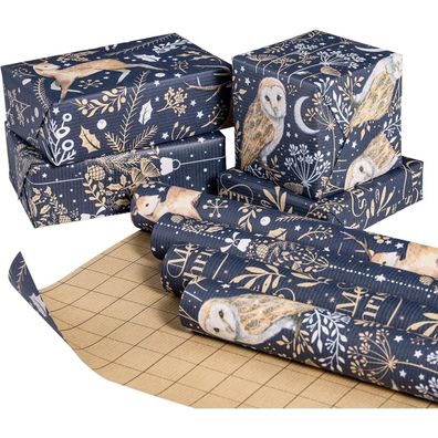 Ruspepa Kraftpapier Weihnachts-Geschenkpapierrolle 4 Rollen - Eule Rentier Kugel