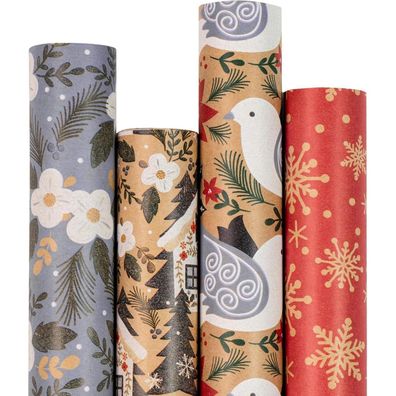 Weihnachts-Geschenkpapier Kraftpapier 4 Rollen Taube Schneeflocke Blume Haus