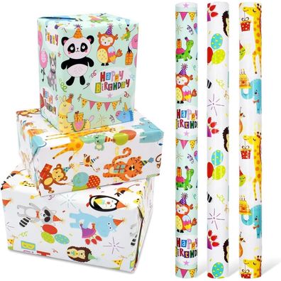 3 Rollen Geschenkpapier Tiermotive 43 cm x 3 m für Kinder, Jungen, Geburtstag