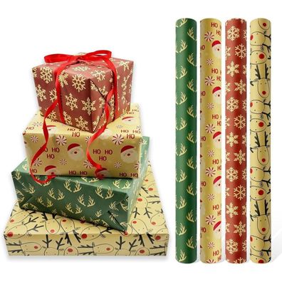 4 Rollen Weihnachtsgeschenkpapier 43cm x 3m recycelbar Kraftpapier Weihnachten
