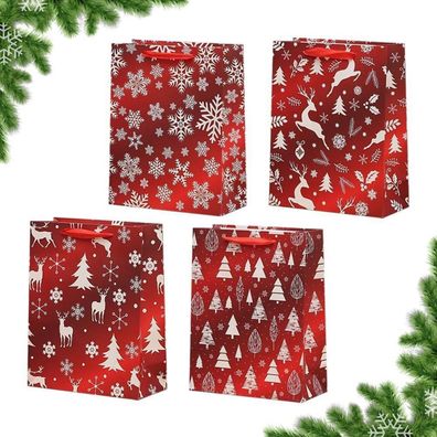 Weihnachtspapier-Geschenktüten 4er-Pack Griffen rote Bonbontüten