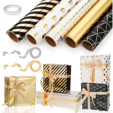 5 Rollen Geschenkpapier Set 43cm x 3m Schwarz Gold Geburtstag Hochzeit