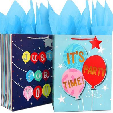2 Packung Große Blaue Papiertüten mit Henkel & Seidenpapier