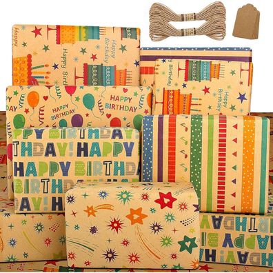 Öko Kraft Geschenkpapier Geburtstag Set Braun Bunt Muster 5 Blätter Kinder Set