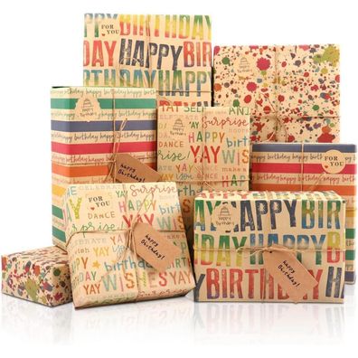 Geschenkpapier Geburtstag 8 Stück Kraft Happy Birthday 70x50cm 8 Blatt Multi
