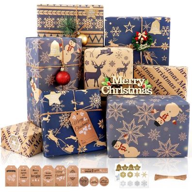 6 Blatt Weihnachten Geschenkpapier Set Dunkelblau/Braun 70x50CM - Aufkleber