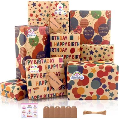 Geschenkpapier Kraft Geburtstag Happy Birthday 6 Stück 70x 50cm