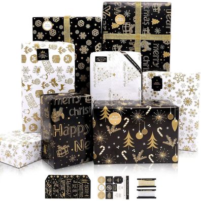 Weihnachtsgeschenkpapier Set Schwarz Gold Schneeflocken 6 Blatt 70x50CM